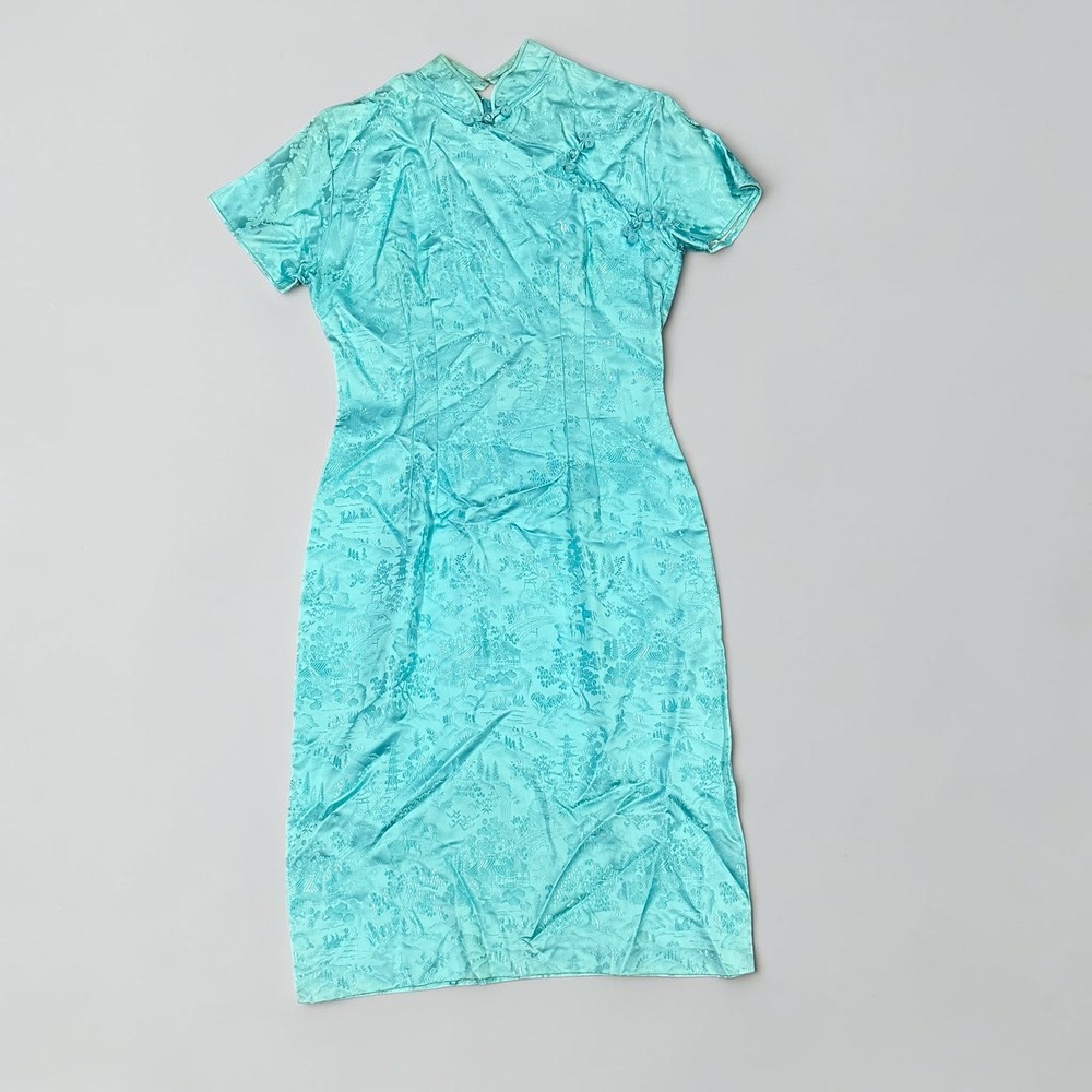 Vintage Aqua Silk Landscape Jacquard Cheongsam Qipao Dress Asian Cottagecore